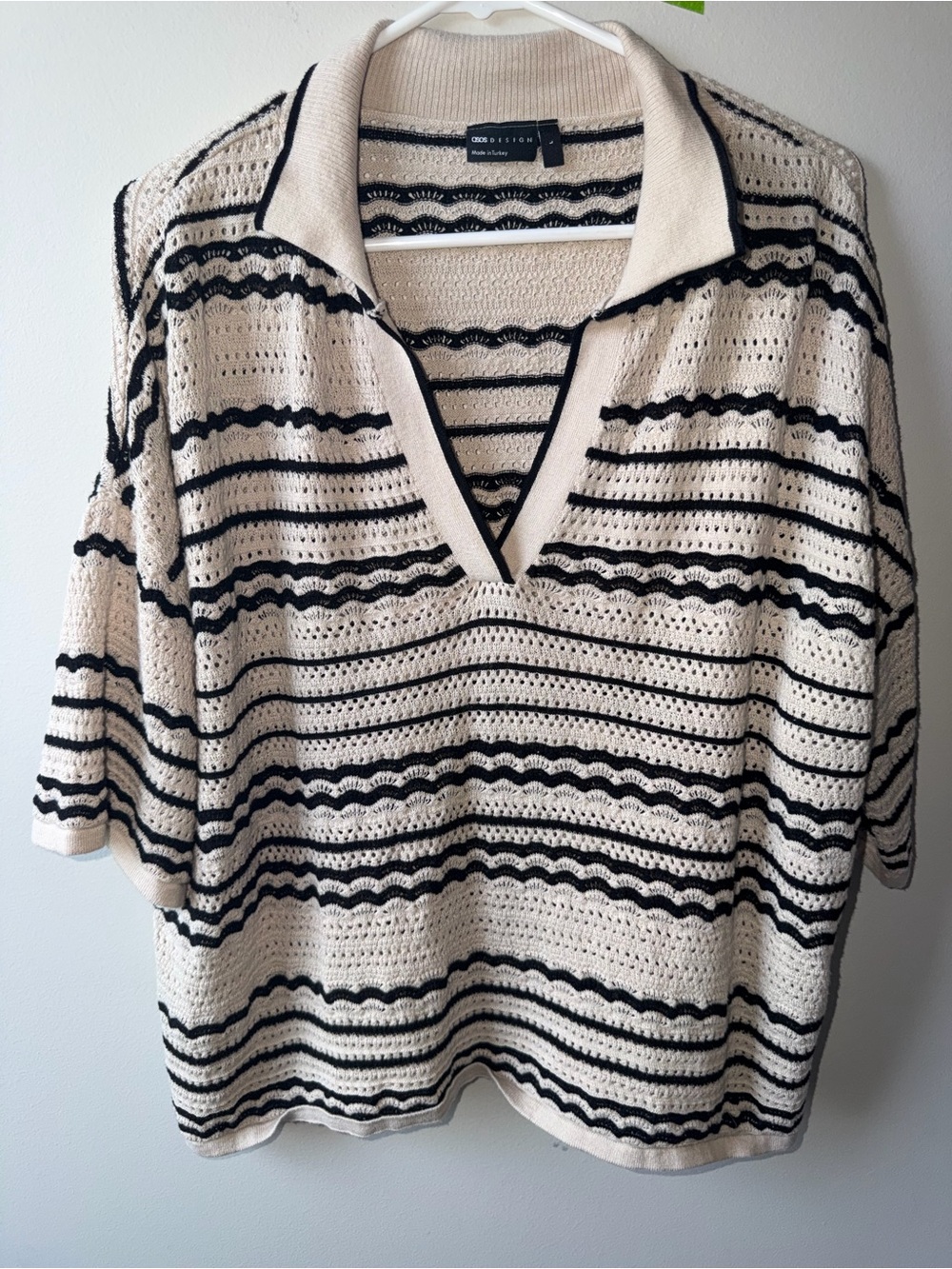 ASOS Cream and Black Open V-Neck Crochet Polo Top